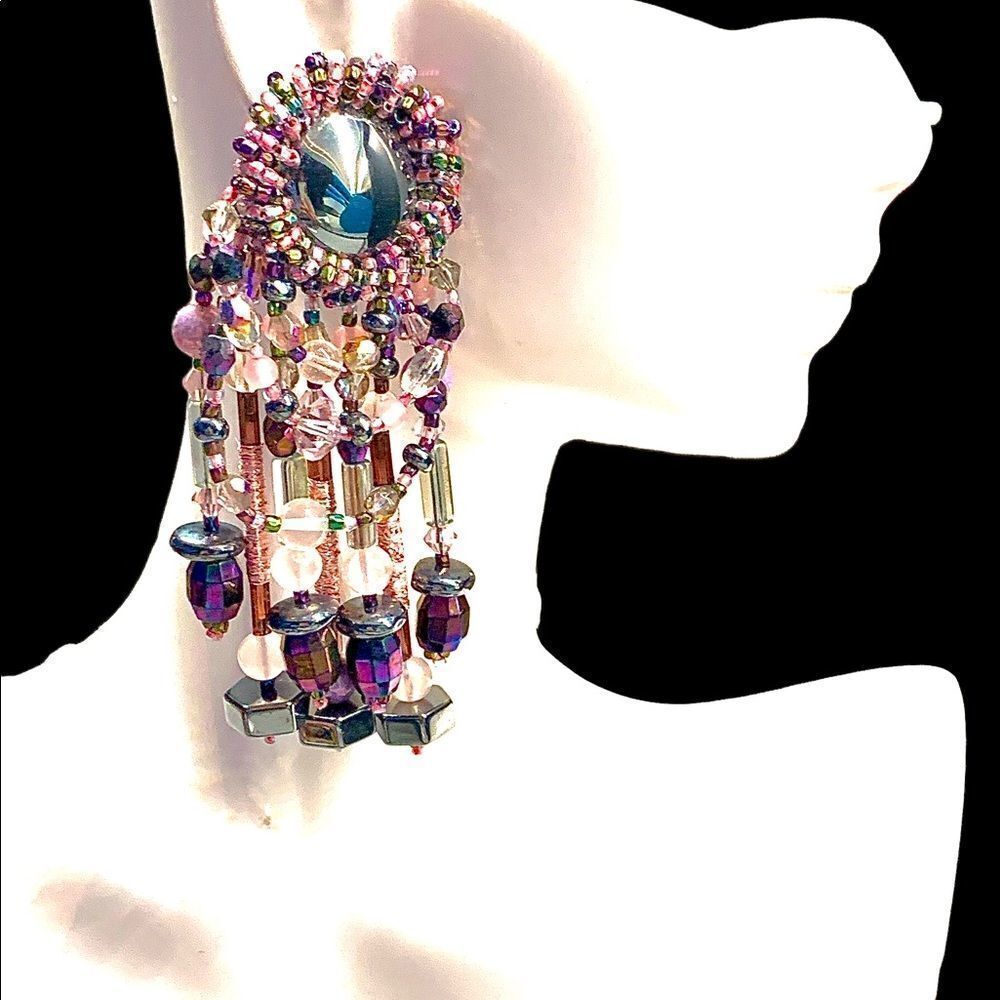 Hand beaded hematite-pink -opalescent artisan fiber wrapped chandelier earrings